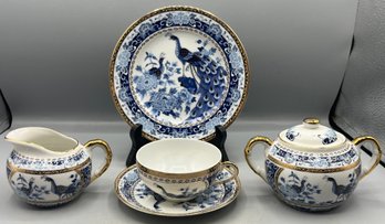 Porcelain Peacock Pattern Tea Set - 8 Pieces Total