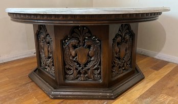 Solid Carved Wood Marble Top Round Coffee Table