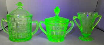 Vintage Uranium Green Glass Sugar Bowls - 3 Total