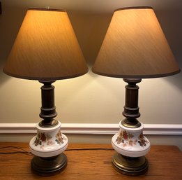 Hand Painted Milk Glass Wooden 3-way Setting Table Lamps - 2 Total