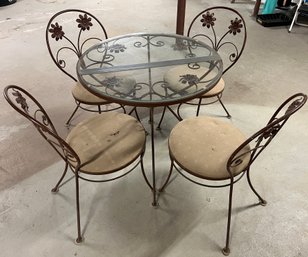 Wrought Iron Floral Pattern Glass-Top Table And Chair Set - DAMAGED GLASS-TOP