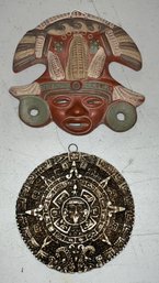 Hand Painted Terracotta Mask With Decorative Resin Mayan Style Wall Decor - 2 Pieces Total