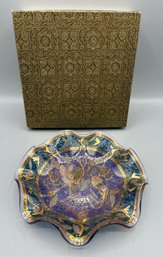 Mid-century Houze Art Glass Blue Mosaic Pheasant Pattern Ruffled Dish - Box Included