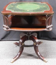 Mahogany Green Leather Top Brass Inlay Accent Table