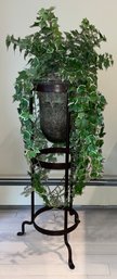 Decorative Metal Plant Stand With Glass Planter & Faux Plant