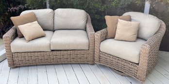 Weathermaster Resin Wicker Bench & Swivel Rocker Chair Set - 2 Total - LaneVenture Cushions Included