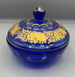 Vintage Cobalt Blue & Gold Glass Lidded Candy Bowl