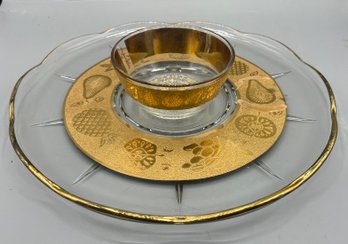 Mid-century Culver Gold Accent Serving Platter With Condiment Bowl