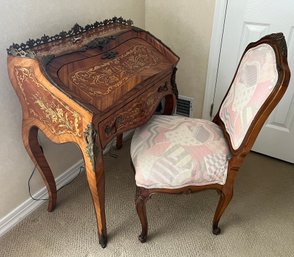 Vintage Marquetry Inlay Solid Wood Vanity With Custom Upholstered Cushioned Chair - Key Included