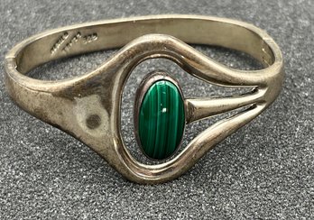 925 Silver Malachite Gemstone Clip-on Bangle Bracelet - 1.37 OZT Total - Made In Mexico