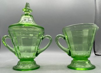Green Depression Glass Sugar Bowl And Creamer Set - 2 Pieces Total