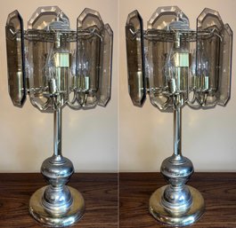 Vintage Glass Panel Brass Table Lamps - 2 Total