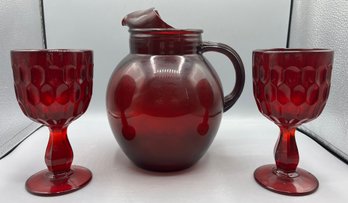 Anchor Hocking Royal Ruby Red Pitcher With Fenton Thumbprint Pattern Goblets - 3 Piece Set