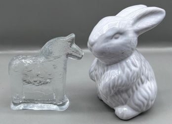 Glass Horse Figurine And Ceramic Bunny - 2 Piece Lot