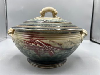 Handcrafted Pottery Bowl With Lid And Handles - Artist Engraved