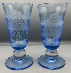 Tiffany Copen Blue Rose Sand Carved Footed Sweet Pea Vases - 2 Piece Lot