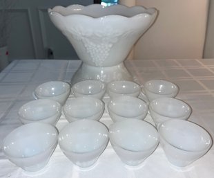Anchor Hocking Harvest Grape Milk Glass Punch Bowl & Mug Set - 13 Pieces Total