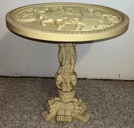 Hand Carved Cast Stone Asian Pedestal Side Table With Glass Top Insert, Circa 1960's