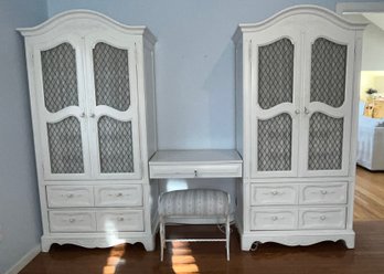 Double Armoire With Vanity Table And Cushioned Stool - 3 Piece Set