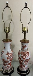 Hand Painted Asian Inspired Ceramic Table Lamps With Wooden Base - 2 Total