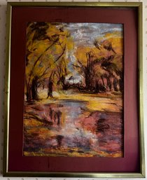 Framed Chalk Painting Of Fall In The Woods Scene