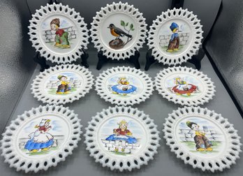 Hand Painted Milk Glass Plate Set - 9 Total