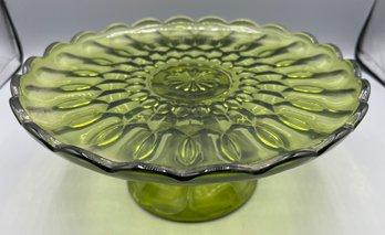 Green Depression Glass Thumbprint Pattern Pedestal Cake Plate