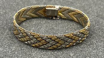 925 Silver Dual-color Herringbone Style Bracelet - .83 OZT Total - Made In Italy