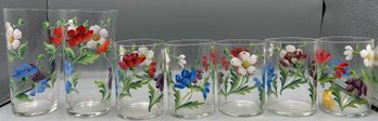 Hand Painted Floral Pattern Glass Tumbler Set - 7 Total