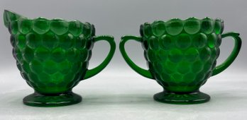 Anchor Hocking Forest Green Bubble Glass Sugar Bowl & Creamer Set - 2 Pieces Total