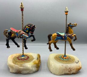 Hand Painted Carousel Horse Figurines With Onyx Base - 2 Total - Artist Signed Ron 85/86