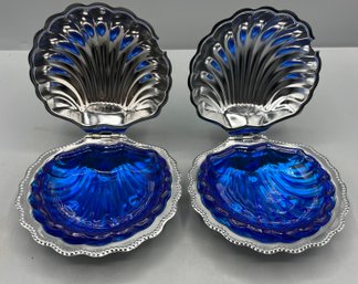 Stainless Steel Clam Shell Shaped Hinged Caviar Dish With Blue Glass Inserts - 2 Total