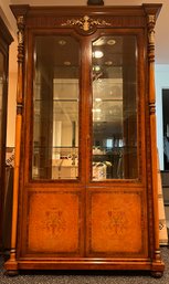 Italian Marquetry Inlaid Solid Wood Lighted Curio Cabinet - Key Included