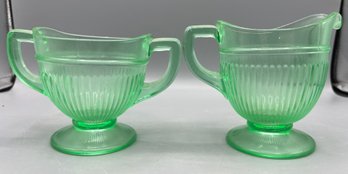 Diamond Glassware Co. Adams Rib Line #900 Green Glass Sugar Bowl And Creamer Set - 2 Pieces Total