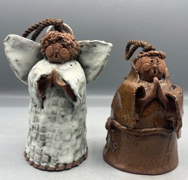 Handcrafted Clay Angel Bell Figurines - 2 Total