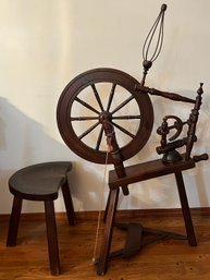 Antique Solid Wood Spinning Wheel With Wooden Stool Included