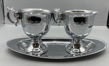 Stainless Steel Sugar Bowl & Creamer Set With Platter - 3 Pieces Total