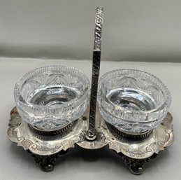 Silver Plated Caddy Tray With Crystal Bowl Inserts & Handle