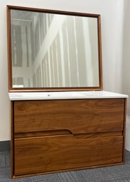 Laminated 2-Drawer Vanity With Porcelain Sink Top & Wooden Framed Mirror Included - Wall Mounted Vanity