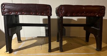 Vintage Wooden Red Leather Upholstered Stools - 2 Total