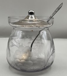 Etched Glass Jam Jar With Sterling Lid & Spoon