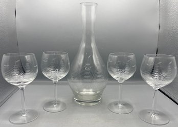 Etched Crystal Wine Glass & Decanter Set - 5 Pieces Total