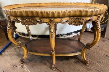 Vintage Solid Wood Inlaid Floral Pattern Table With Removable Glass Top Serving Tray