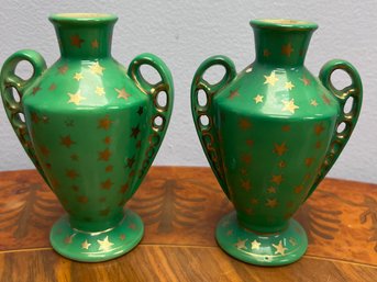 Pair Of Mini Green Vases With Stars- Made In Japan
