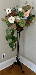 Wrought Iron Plant Stand With Brass Planter & Faux Floral Arrangement