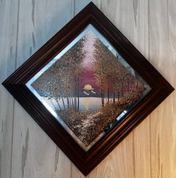 Hand Painted Sunset And Flying Birds Wood Framed Mirror