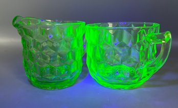 Jeanette Co. Uranium Green Glass Windsor Pattern Sugar Bowl And Creamer Set - 2 Pieces Total