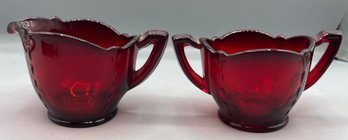 Paden City Co. Ruby Red Glass Crows Foot Pattern Sugar Bowl And Creamer Set - 2 Pieces Total
