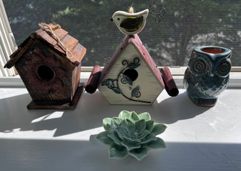 Bird House Lot With Owl Planter & Lotus Ceramic Figurine