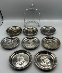 Mid-century 9-piece Spartan Pattern Chrome On Glass Coaster Set With Stand